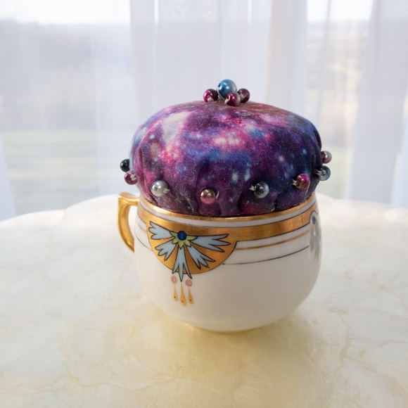 Galaxy Teacup Pincushion Hand Sewn With Craft Pearls Upcycled Austrian Cup NWOT - Picture 9 of 15